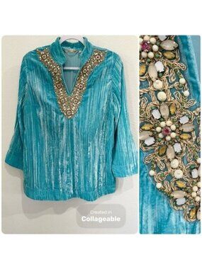 Soft Surroundings Beaded Coastal Top V Neck Boho Long Blue Beach Casual